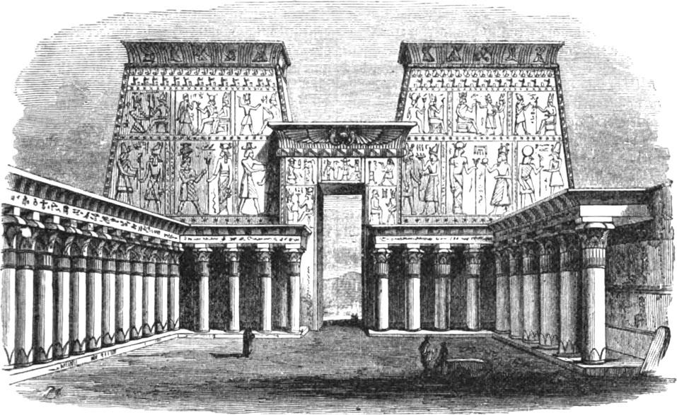 Rekonstruierter Vorhof mit Säulenhalle des Tempels zu Edfu
