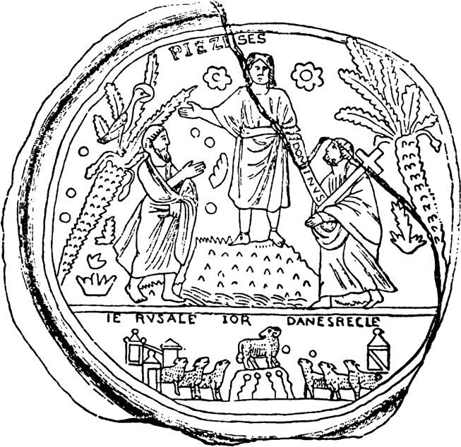 Alte Abbildung der Apostel Paulus und Petrus auf einem Goldglas in der Vatikanischen Bibliothek
