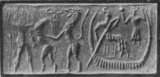 Alter babylonischer Siegelzylinder. Szene aus dem Gilgamesch-Epos
